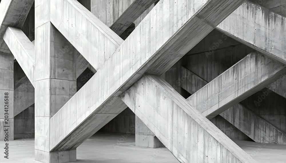 Naklejka premium Abstract concrete construction with interlocking diagonal beams and pillars.