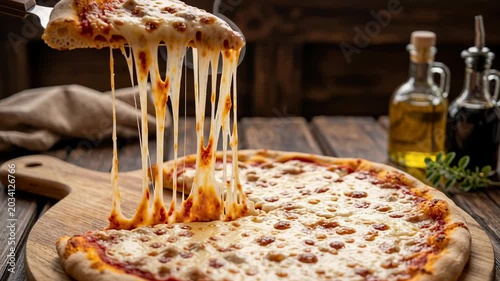 Slice of classic cheese pizza, boasting abundant melted mozzarella stretching deliciously. Hot, freshly baked pizza, perfect for showcasing comfort food, Italian cuisine, and delicious takeout options