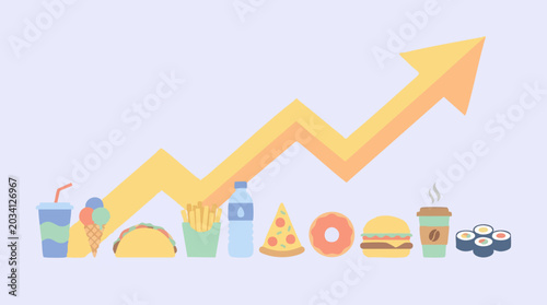Flat illustration of fast food and snack consumption trend with upward arrow
