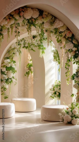 This beautiful indoor area features soft white seating surrounded by lush floral arrangements. Sunlight gently filters through, enhancing the tranquil ambiance perfect for gatherings or quiet moments