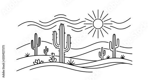 Tableau sur toile Desert landscape line art saguaro cactus hills and sun southwestern illustration