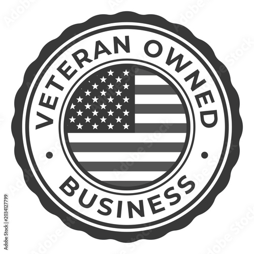 Black and White Monochrome Veteran Owned Business isolated rubber stamp, sticker, label with USA rounded Flag vector illustration