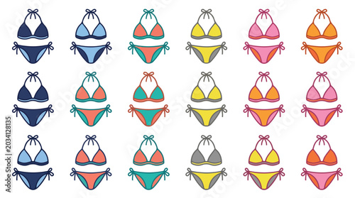 Colorful bikini swimsuit icons set, 18 vector swimwear illustrations in various bright colors, summer beach fashion apparel collection