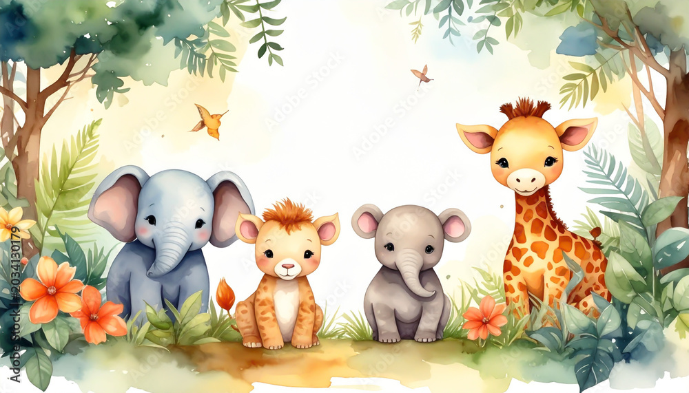 Fototapeta premium Safari-Tiere als Aquarellillustration fürs Kinderzimmer