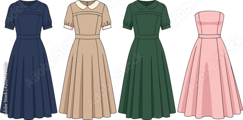 Slika na platnu Elegant Women Dress Collection Vector Illustration with Vintage Fashion Gowns, F