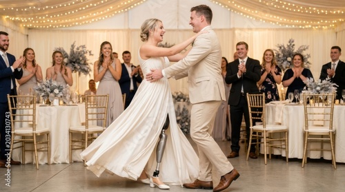 Newlyweds share a joyful first dance at their elegant wedding reception
