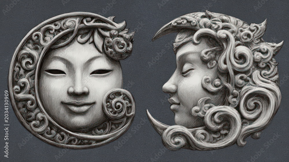 Fototapeta premium Artistic lunar face sculptures depicting profile and front views on dark backdrop