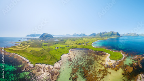 Bild auf Leinwand Drone view of the Arctic ocean coastline, Lofoten Islands, Norway