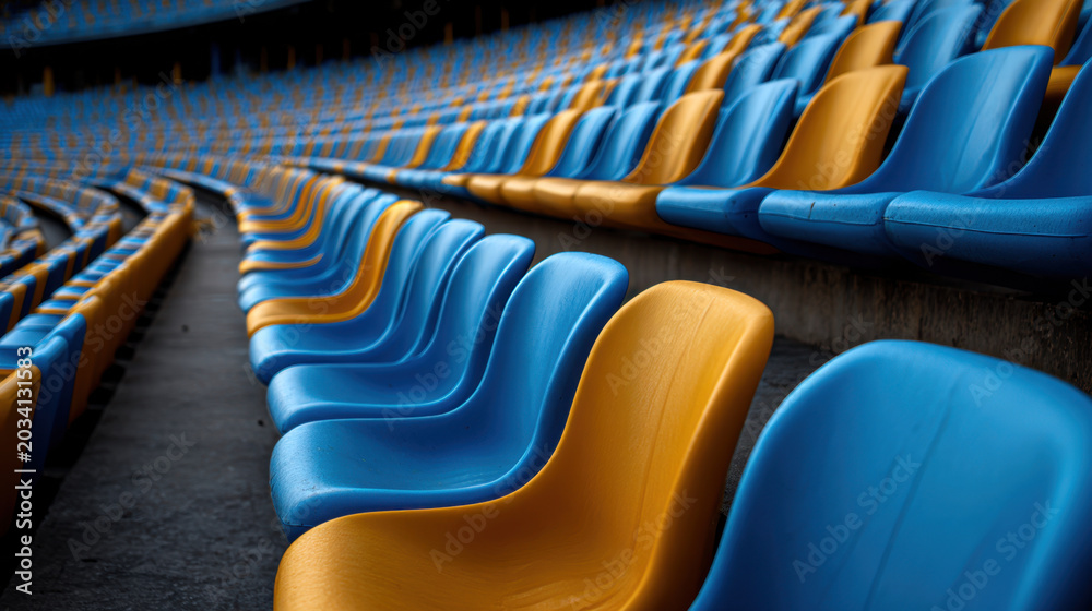 Fototapeta premium Stadium seating blue seat gold seat empty seat row arena curve perspective pattern interior