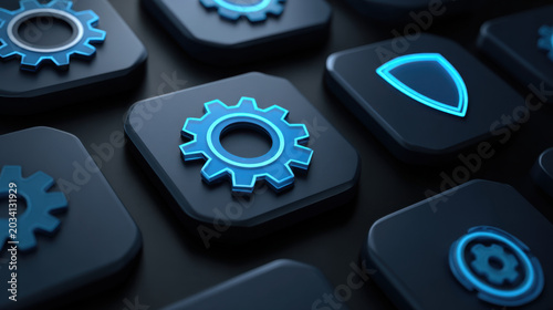 Blue gear icon dark button cyber security system setting user interface technology background blue neon shield icon minimal design digital control