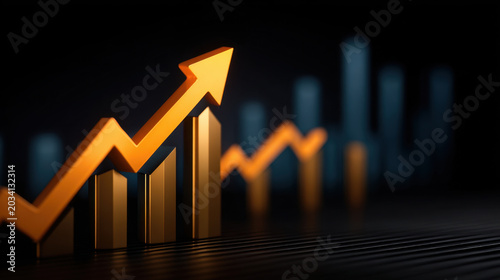Abstract financial background stock market graph upward trend glowing arrow bar chart dark background orange color blue blur business growth investment concept
