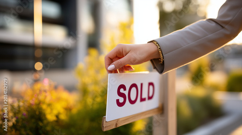 Cinematic close-up of female real estate agent hand placing sold property sign into front garden of modern home, only hand forearm and sign post visible, well-manicured nails clean