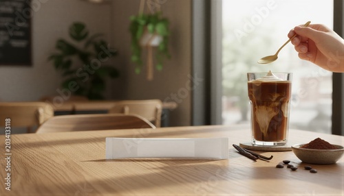 Premium white coffee enhancer sachet with a blank label on a rustic cafe table next to a glass of iced latte