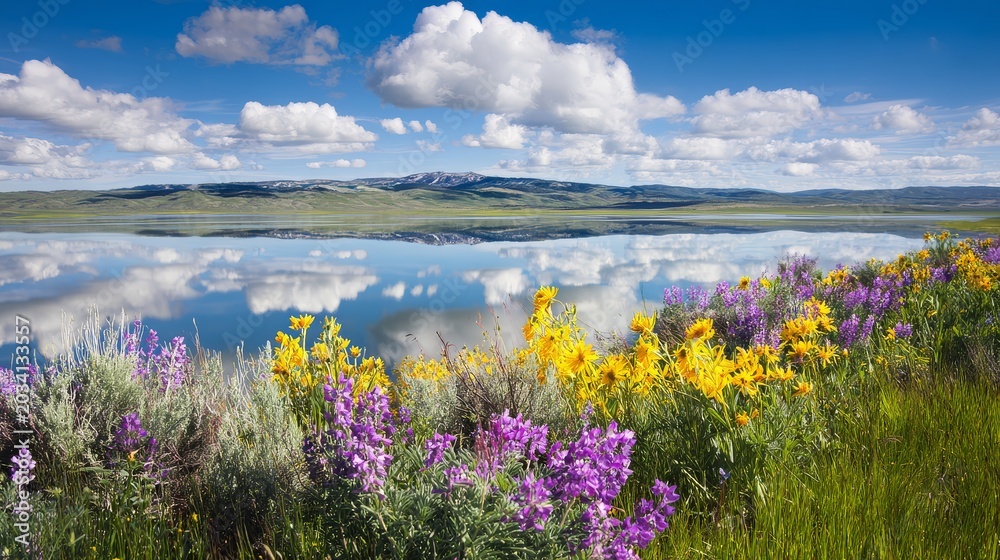 Obraz premium Bright Summer Landscape with Wildflowers Beside a Broad Lake, Distant Mountains and Towering Clouds