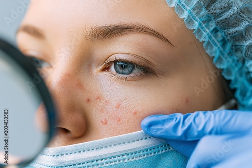 Close-up of a dermatologist examining acne on a patient's cheek with a magnifying glass, professional skincare procedure and skin treatment concept.