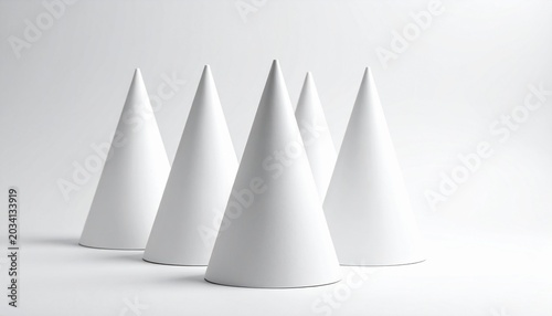 A minimalist composition of five white cones arranged in a geometric formation on a clean white background representing abstract art design.