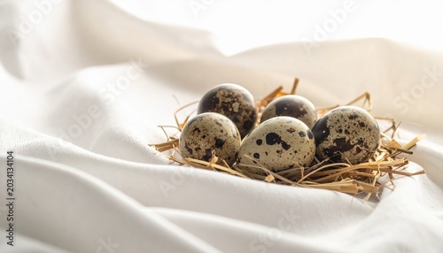 Close up view of small speckled quail eggs resting in a delicate straw nest on soft white fabric cloth background for easter holiday decor.