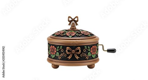 A beautifully crafted musical box with floral designs and a bow on top sits on a plain background.