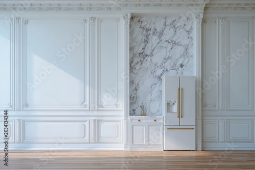 Elegant white refrigerator in a room with ornate paneled walls.
