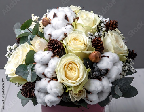 White Roses and Cotton Floral Arrangement.