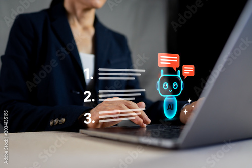 Foto Businesswoman Using AI Chatbot Assistant on Laptop to Create a Numbered List