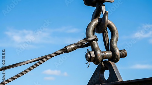 Heavy shackle connecting a thick steel cable against a blue sky