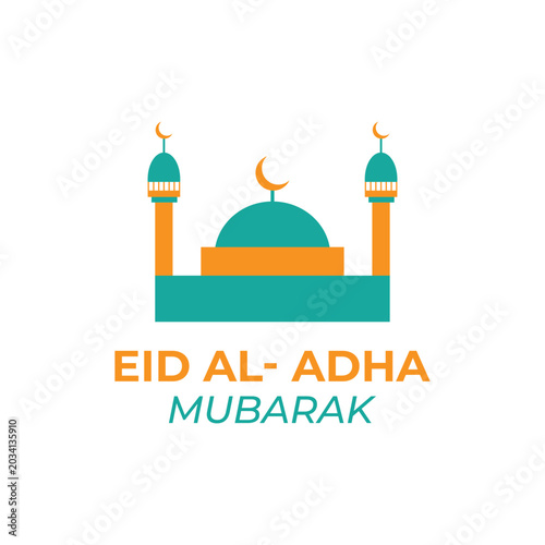 Foto Eid al-Adha Mubarak greeting card design with minimalist mosque vector illustrat
