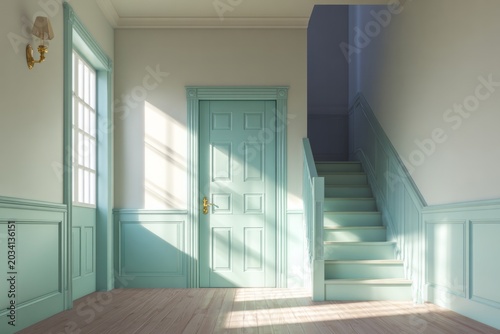 Sunlit interior with a mint green door and staircase.