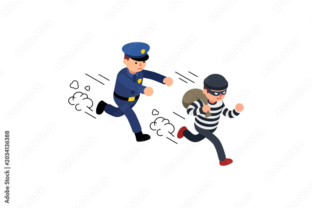 Fototapeta premium Policeman chasing thief with loot bag isometric illustration