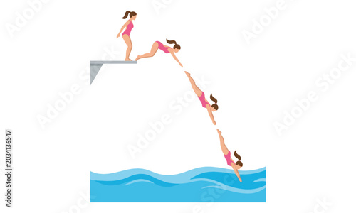 Female diver jumping into pool from diving board illustration