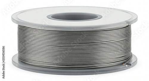 spool of solder wire on white background, lead-free tin-silver-copper solder, electronics manufacturing component