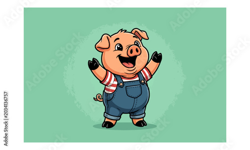 Tableau sur toile Cartoon Pig Character in Blue Overalls Waving on Green Background