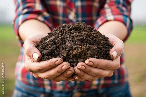 Close-up of person holding a handful of dark, fertile soil in an agricultural field, symbol of organic farming and earth conservation.