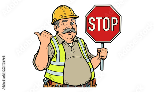 Konstfotografi Construction worker holding stop sign winking on white background
