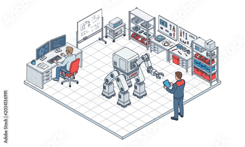 Φωτογραφία Engineers developing quadruped robot in workshop isometric view
