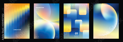 Cuadro en lienzo Abstract gradient vector poster set with soft pastel geometric backgrounds, glowing circles, curved ribbons, rounded vertical bars, warm light colors and modern minimal cover designs