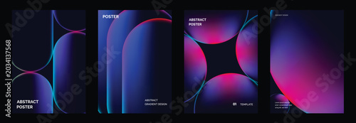 Abstract gradient vector poster set with purple geometric backgrounds, modern minimal cover layouts, circle shapes, checker grid, concentric lines, dark bars and futuristic graphic designs.