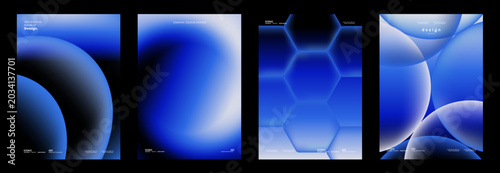 Abstract gradient vector poster set with blue geometric backgrounds, futuristic minimal cover layouts, glowing hexagon pattern, soft circles, curved shapes and modern graphic templates.