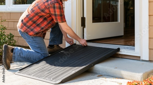 Man installing portable wheelchair threshold ramp at home entrance