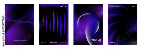 Foto Abstract gradient vector poster set with purple geometric backgrounds, modern minimal cover layouts, circle shapes, checker grid, concentric lines, dark bars and futuristic graphic designs