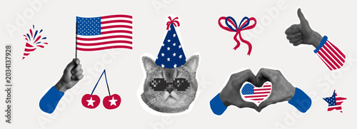 Red, white, and blue set with 4th of July halftone collage set. Hand holding flag, heart, bunting, cat. Independence day greeting elements. Independence Day of America, history, patriotism, holiday