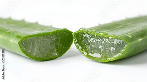 A close-up view of two aloe vera leaves cut in half on a white background