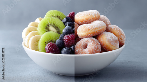 Indulge in a Culinary Delight: A Stunning Contrast of Fresh Fruits and Sugary Treats Perfectly Arranged for a Wholesome Yet Tempting Snack Experience