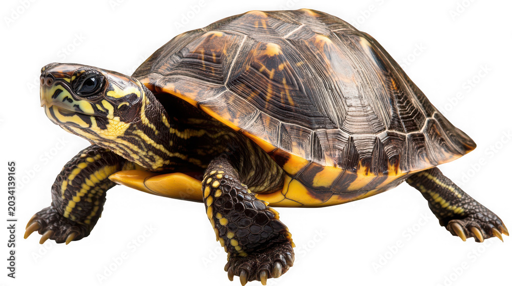 Fototapeta premium Detailed side view of a small patterned turtle walking forward with intricate shell textures captured in this isolated on transparent background