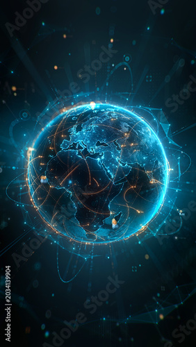 Cuadro en lienzo Futuristic digital globe of Earth with glowing data points network connections on a dark background
