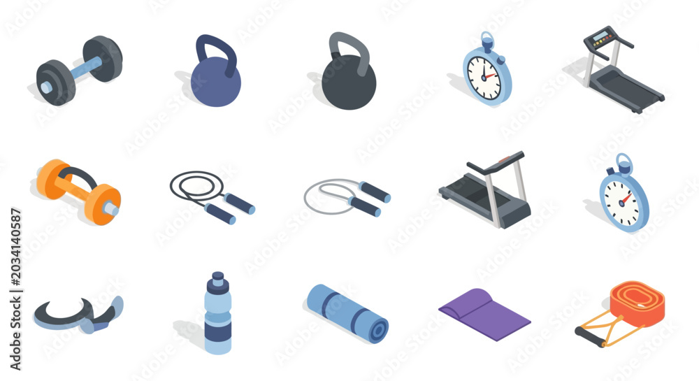 Fototapeta premium Isometric Gym Equipment Illustration: Fitness and Exercise Tools in a Flat Design Style