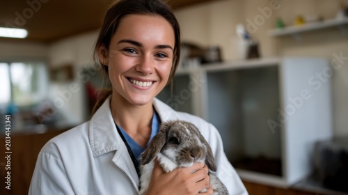 Veterinarian caring for rabbit in animal clinic friendly atmosphere portrait photography indoor setting heartwarming concept