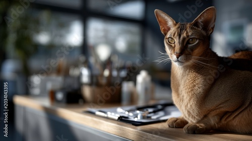Charming cat posing on kitchen counter modern home pet photography indoor setting close-up domestic life