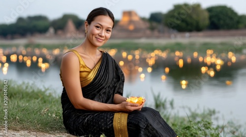 Cultural festival celebration woman in traditional attire riverside portrait evening glow serenity