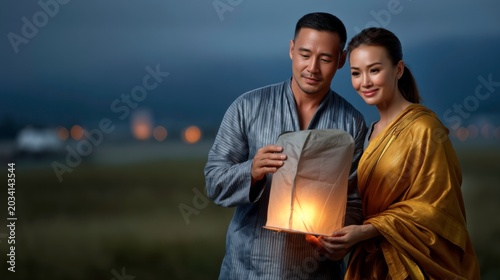 Romantic lantern release by couple outdoor evening photography serene landscape intimate moment